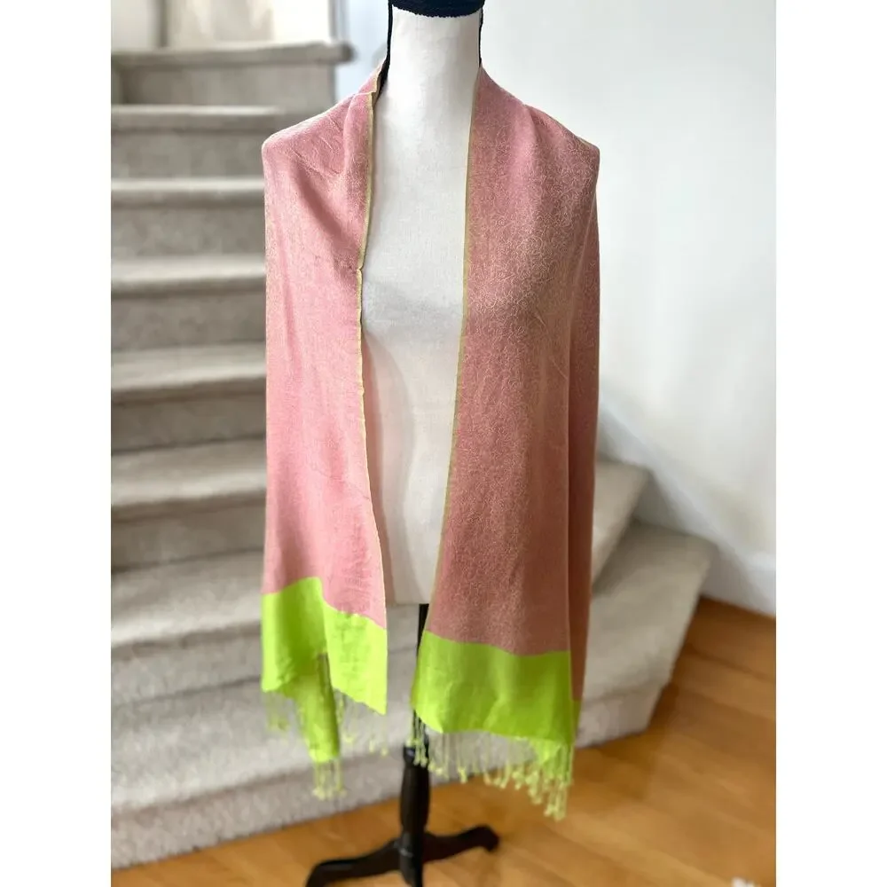 Pashmina Scarf Wrap Warm Pink & Lime Green Reversible Floral Swirl